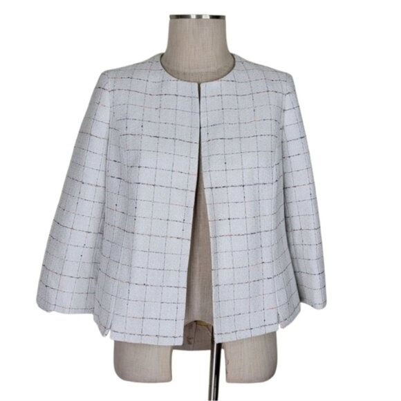 Kasper Blazer Size PM White Windowpane Open Front Silver Metallic 3/4 Sleeve - Picture 10 of 10